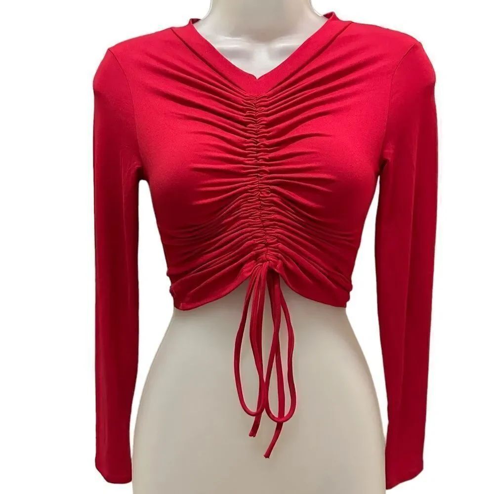 Dolls Kill Red Cinched Front Y2K Cropped Long Sleeve Top Shirt